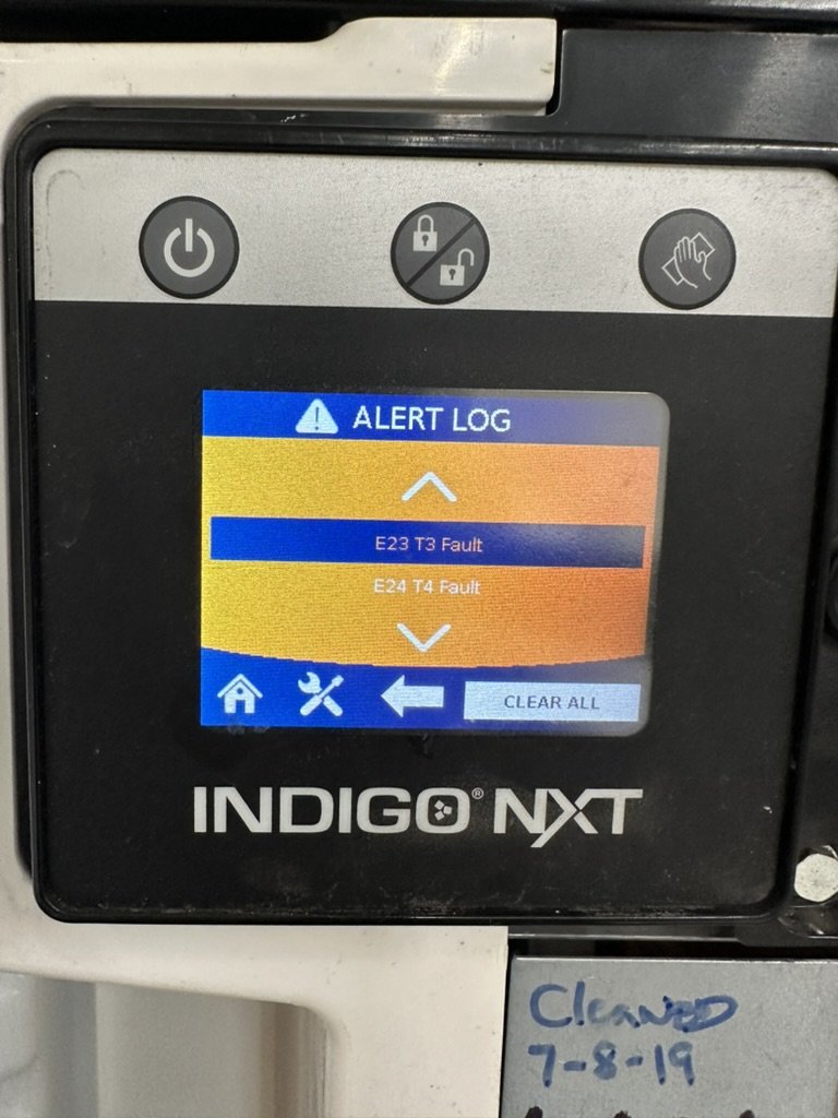 Manitowoc Indigo NXT alert log showing E23 T3 Fault and E24 T4 Fault