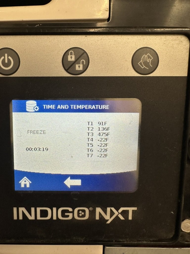 Indigo NXT Time and Temperature screen with the T3 sensor reading 475°F