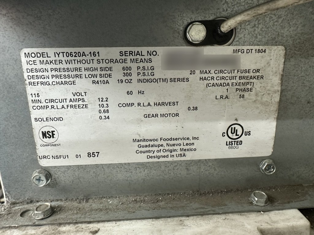 Manitowoc Indigo series ice machine data plate, model IYT0620A