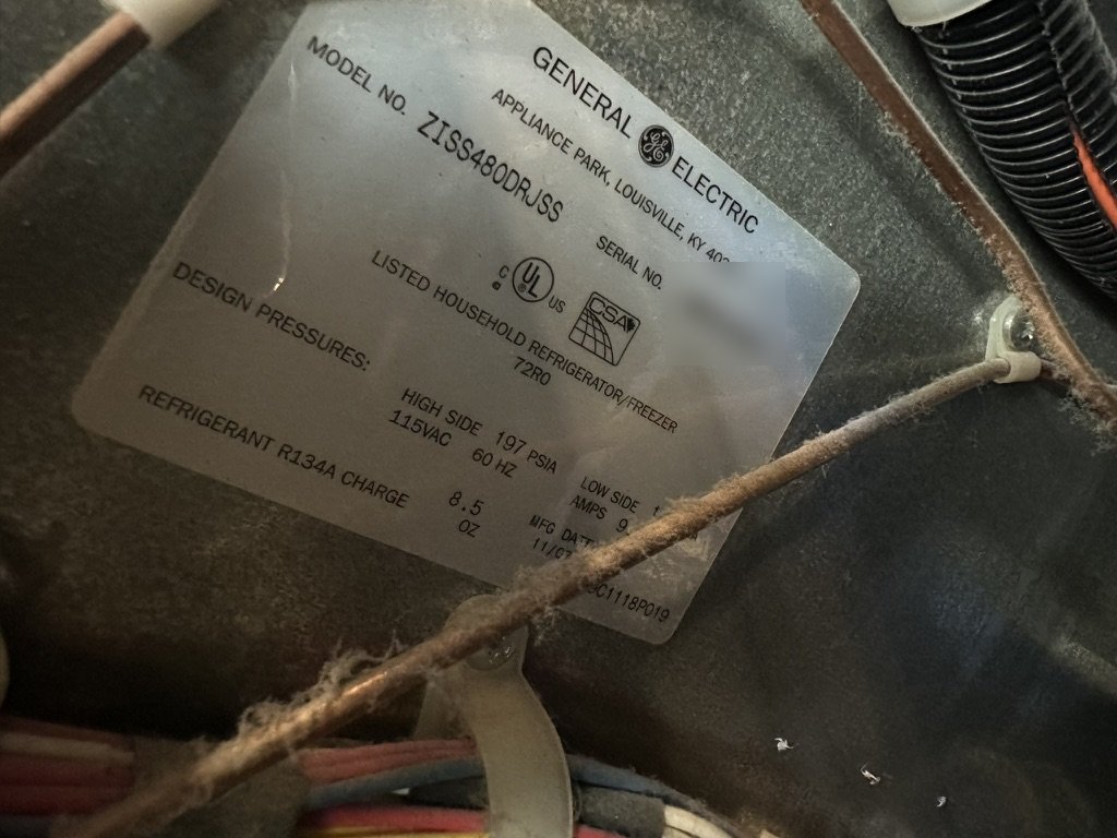 Monogram (GE) refrigerator rating tag, model ZISS480DRJSS