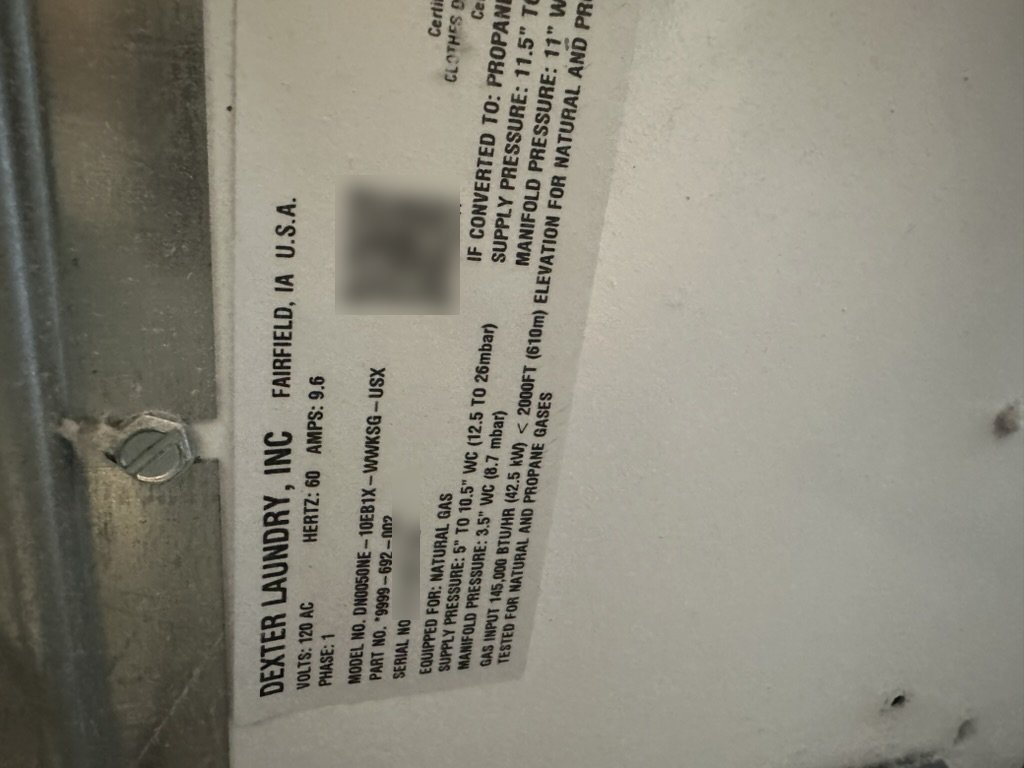 Dexter Laundry dryer data plate, model DN0050NE, natural gas