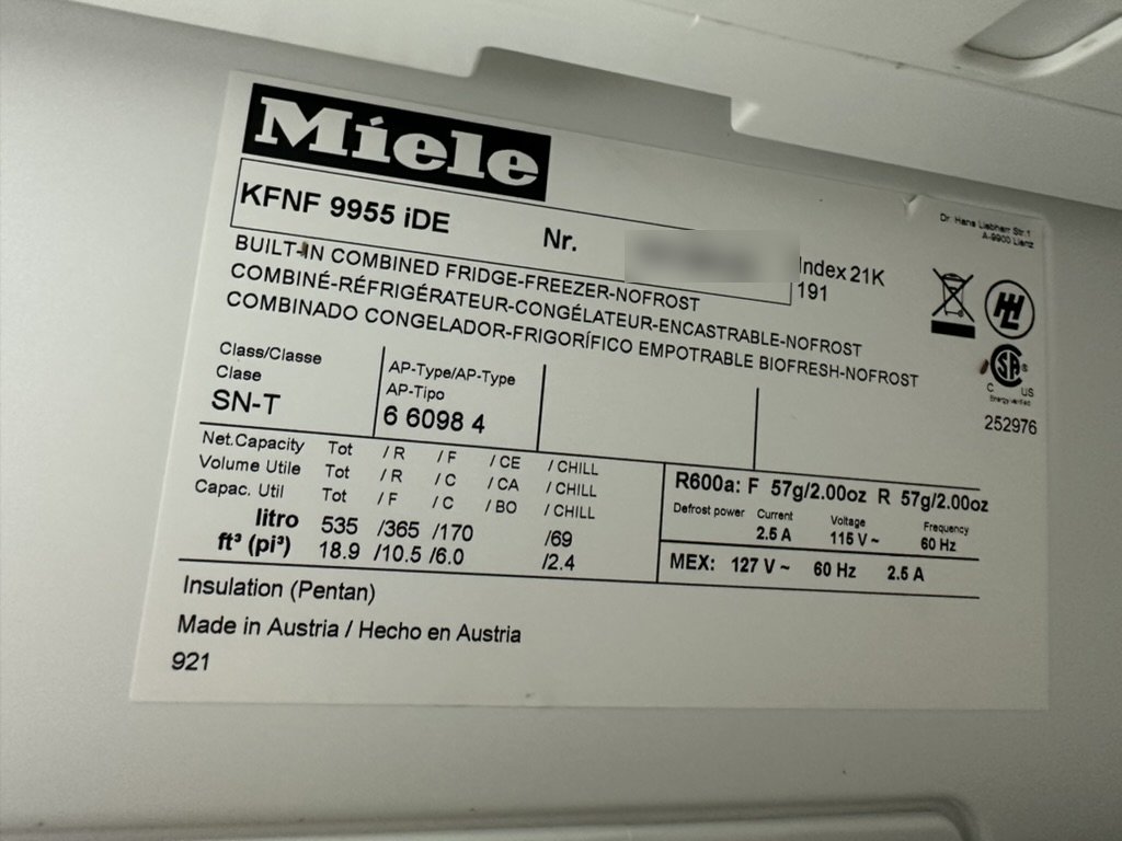 Miele rating tag, model KFNF 9955 iDE, R-600a, made in Austria
