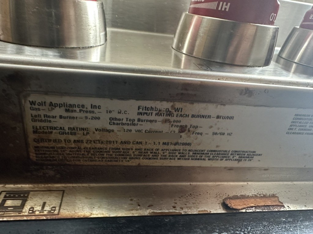 Wolf range rating tag, model GR488-LP