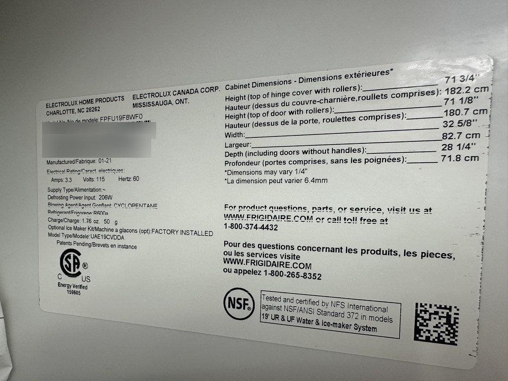 Frigidaire freezer rating tag, model FPFU19F8WF0