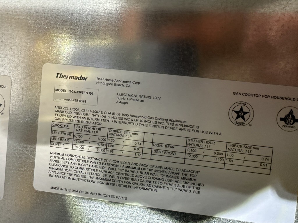 Thermador cooktop rating tag, model SGSX365FS