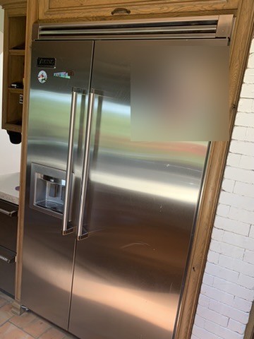 Viking built-in side-by-side refrigerator, front view close-up