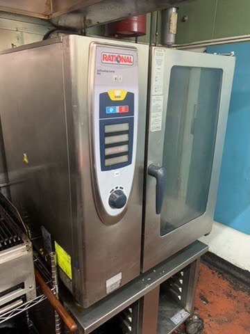 Rational combi oven on a stand in a commercial kitchen