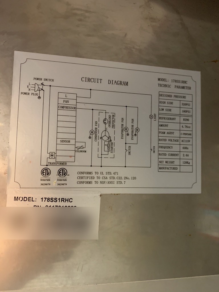 Avantco commercial refrigerator rating tag, model 178SS1RHC