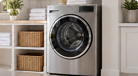 Front-load washer in a bright laundry room