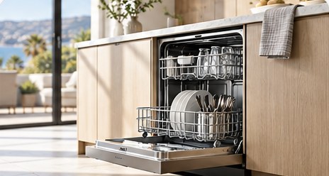 Built-in dishwasher with racks open