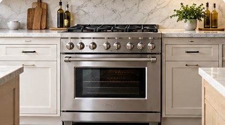 Professional gas range and oven in a kitchen