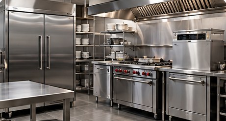 Commercial kitchen with refrigeration and cooking line