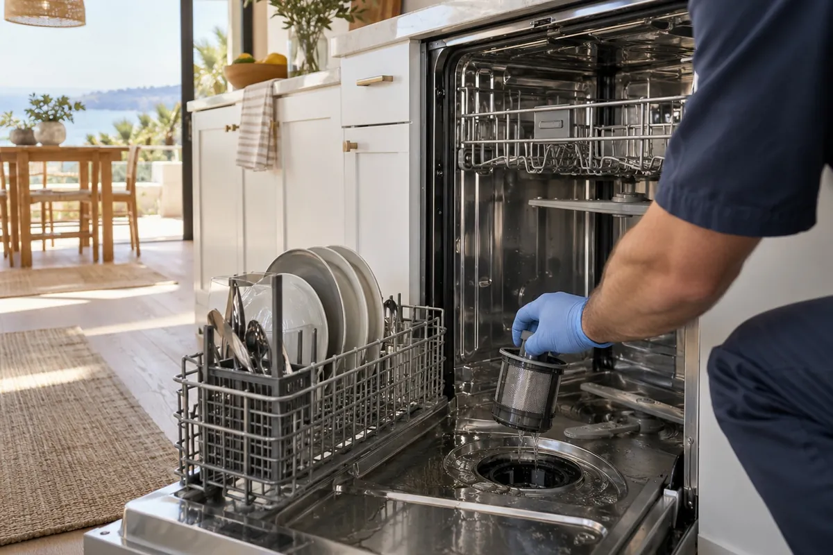 Miele Dishwasher Not Draining — technician diagnosing in a San Diego home