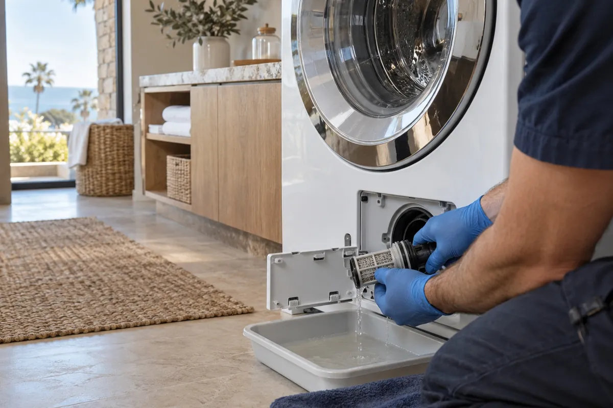 Miele Washer Not Spinning — technician diagnosing in a San Diego home