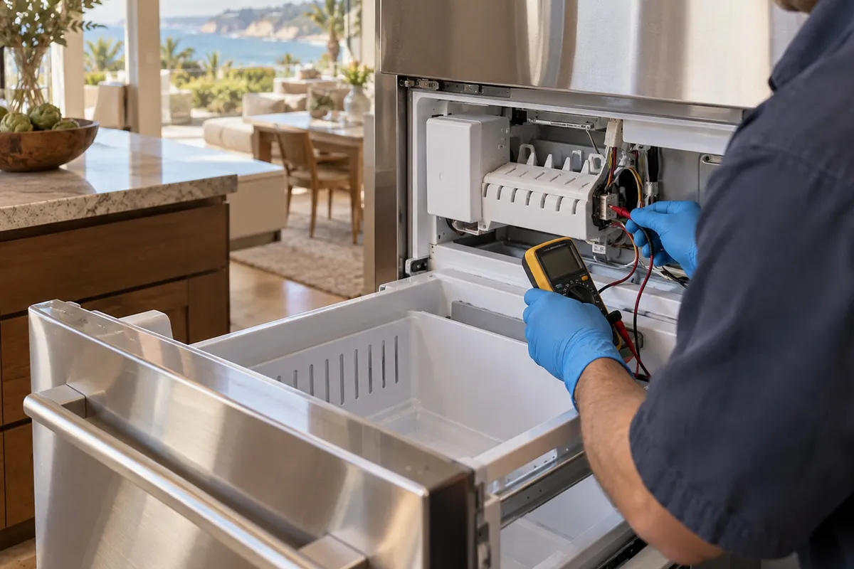 Sub-Zero Ice Maker Not Working — technician diagnosing in a San Diego home
