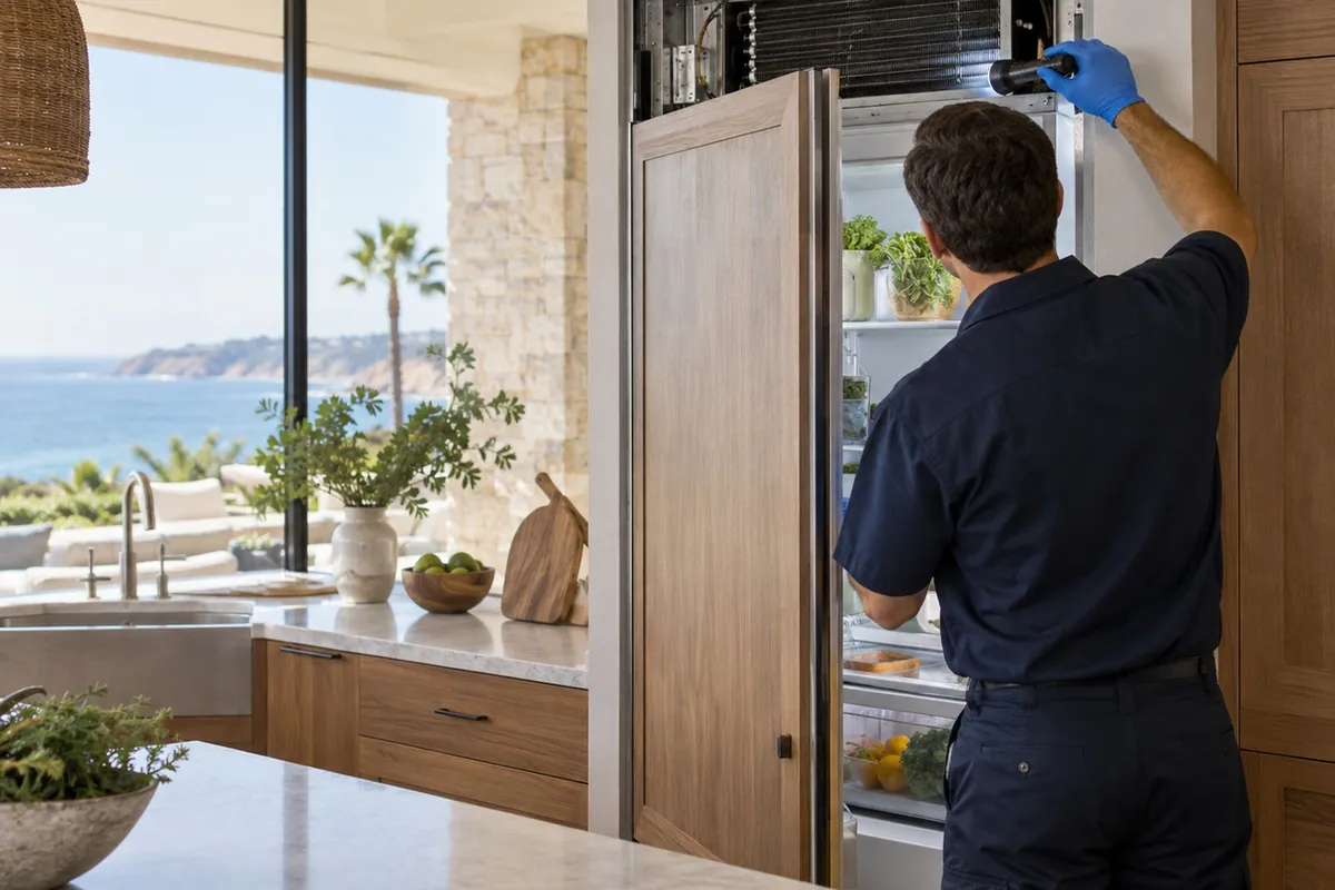 Sub-Zero Refrigerator Not Cooling — technician diagnosing in a San Diego home