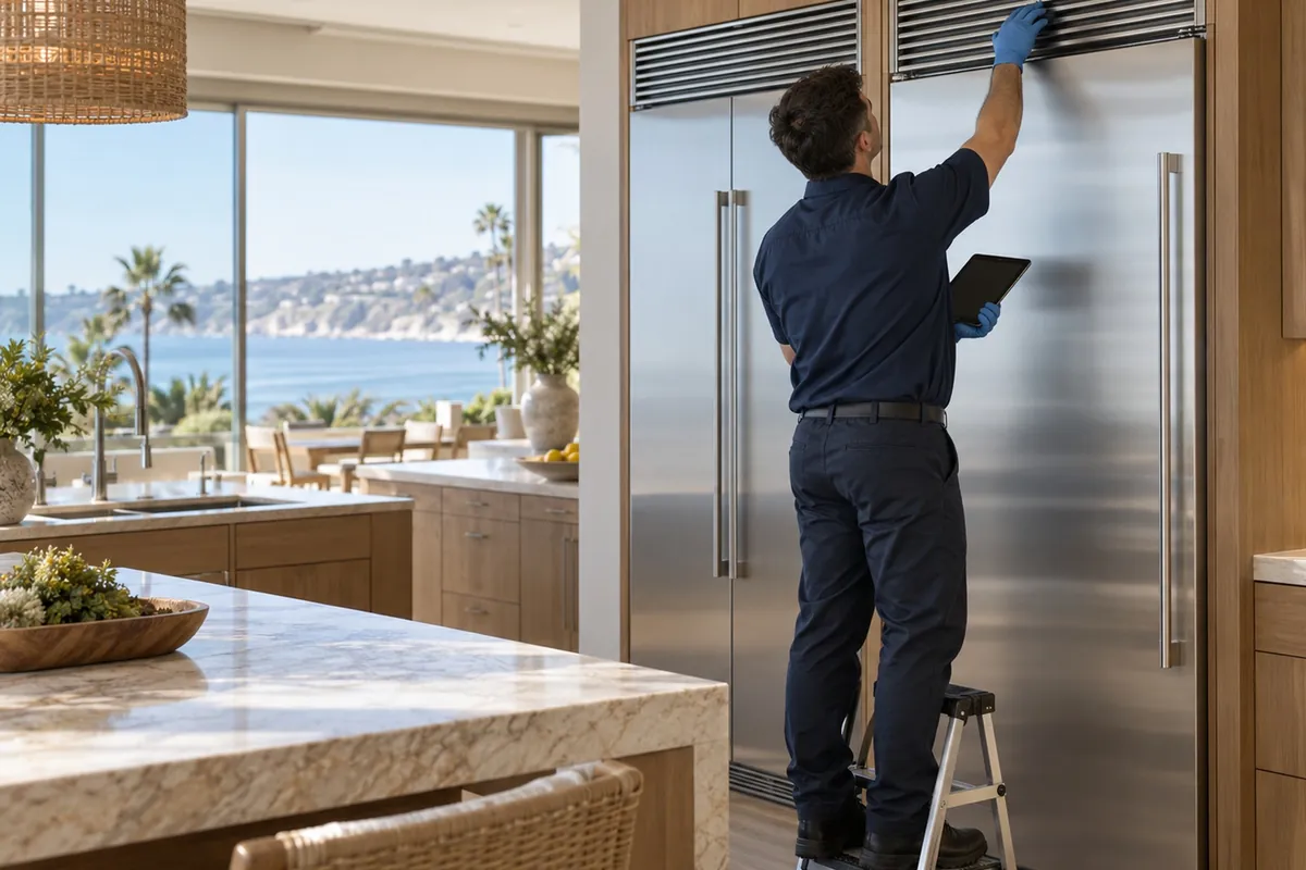 Monogram refrigerator not cooling — technician diagnosing a built-in refrigerator in a San Diego home