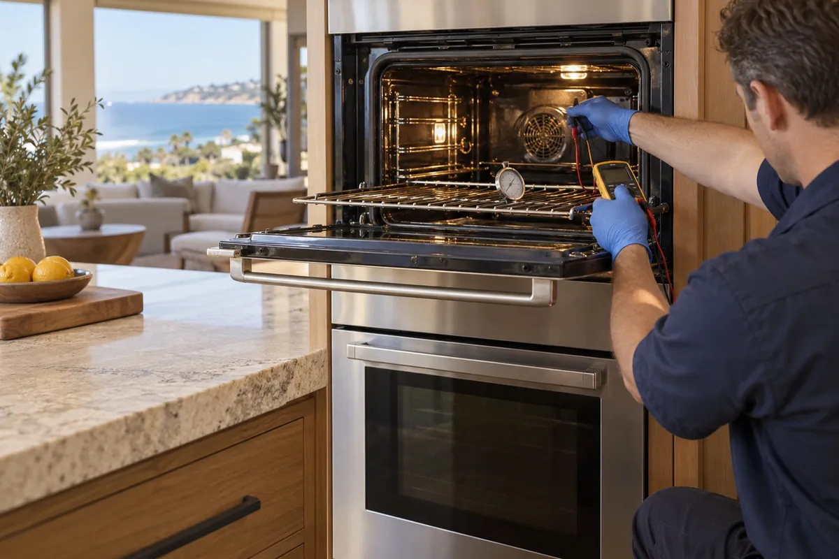 Thermador Oven Not Heating — technician diagnosing in a San Diego home