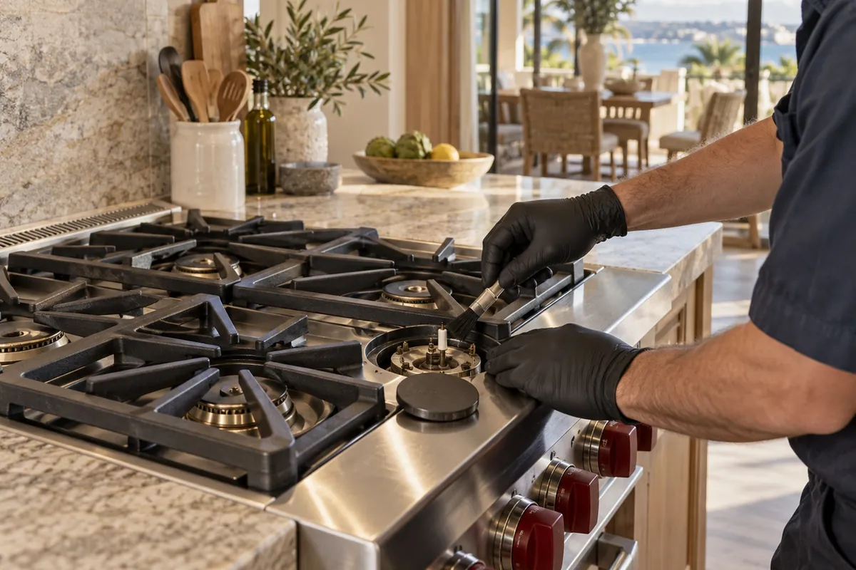 Thermador Range Igniter Clicking — technician diagnosing in a San Diego home